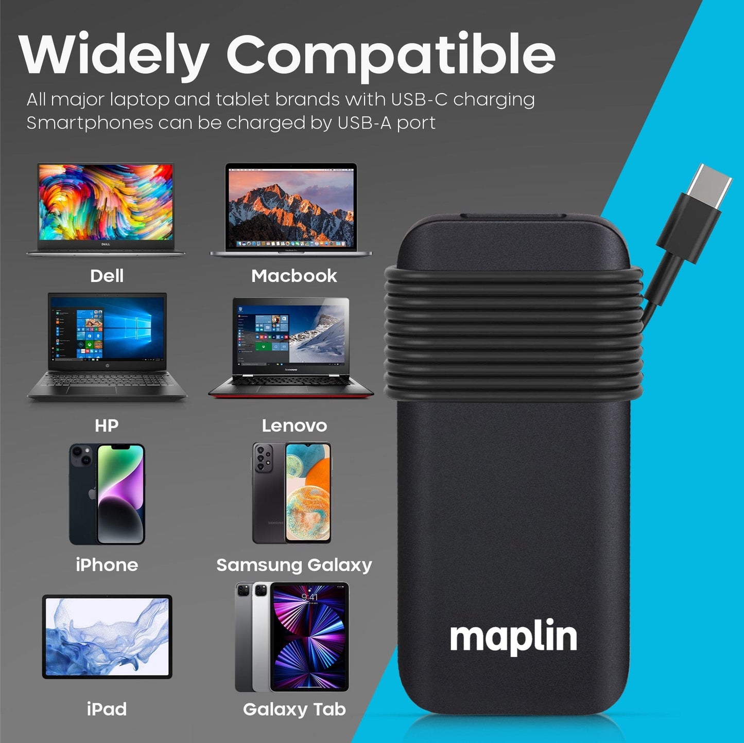 Maplin 112W USB-C Laptop Charger Power Supply with 1x USB-A 2.4A PD Port