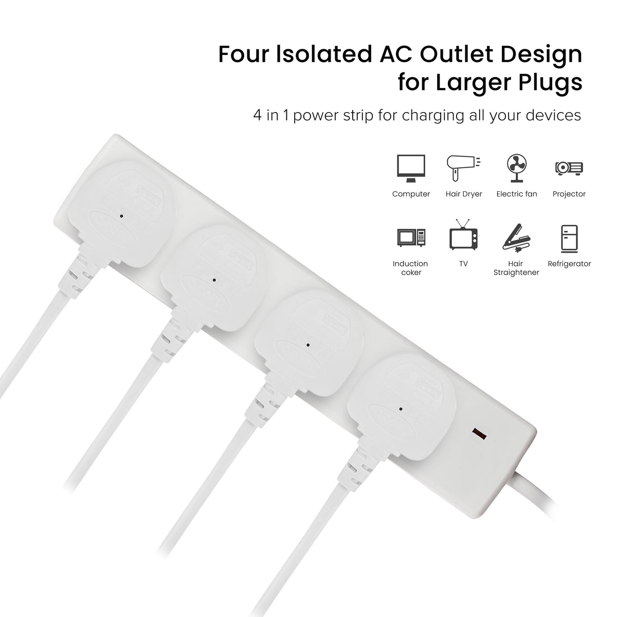 Maplin 2m 4 Socket 13A Extension Lead with Neon Indicators - White