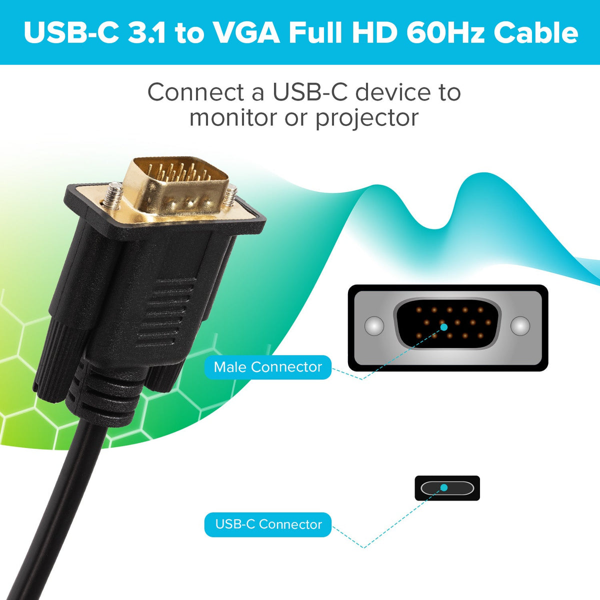Maplin USB-C 3.1 to VGA Full HD 60Hz Cable (Supports Alt Mode) - Black, 1.8m
