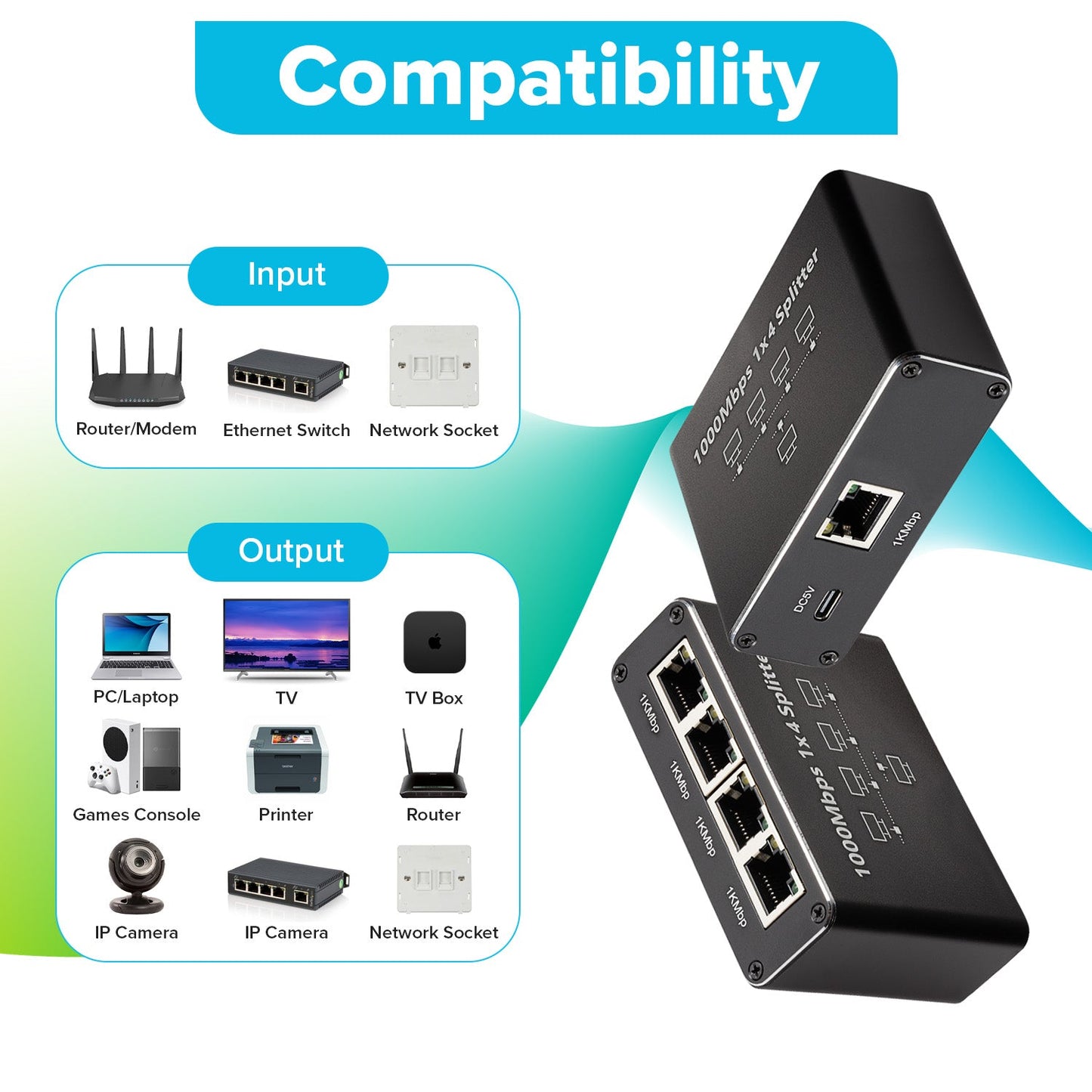 Maplin RJ45 1 Port In 4 Ports Out Ethernet LAN Splitter - Black