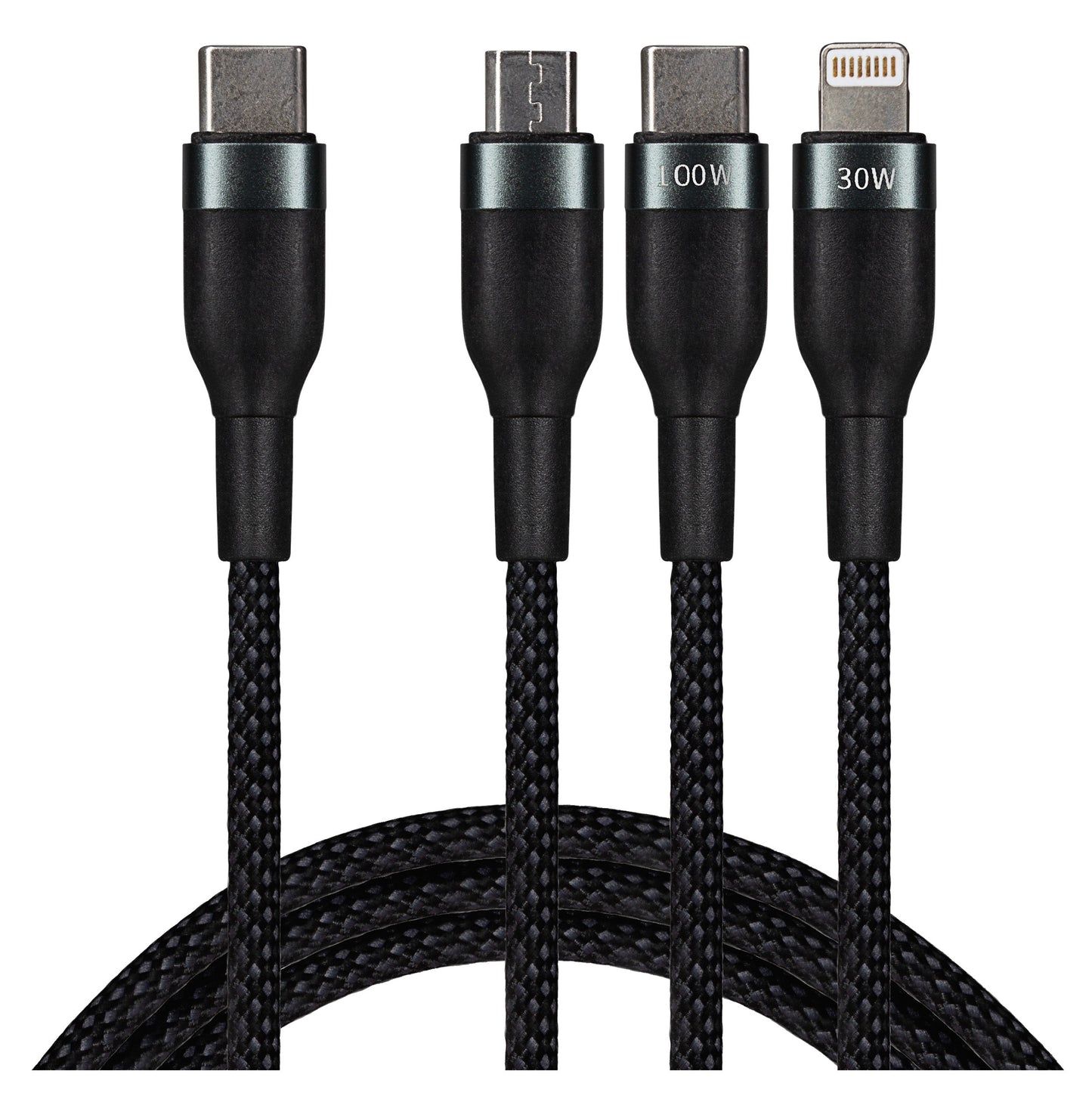 Maplin USB-C to 3-in-1 Multi-Charging USB-C / Lightning / Micro USB 100W Braided Cable - 1.2m