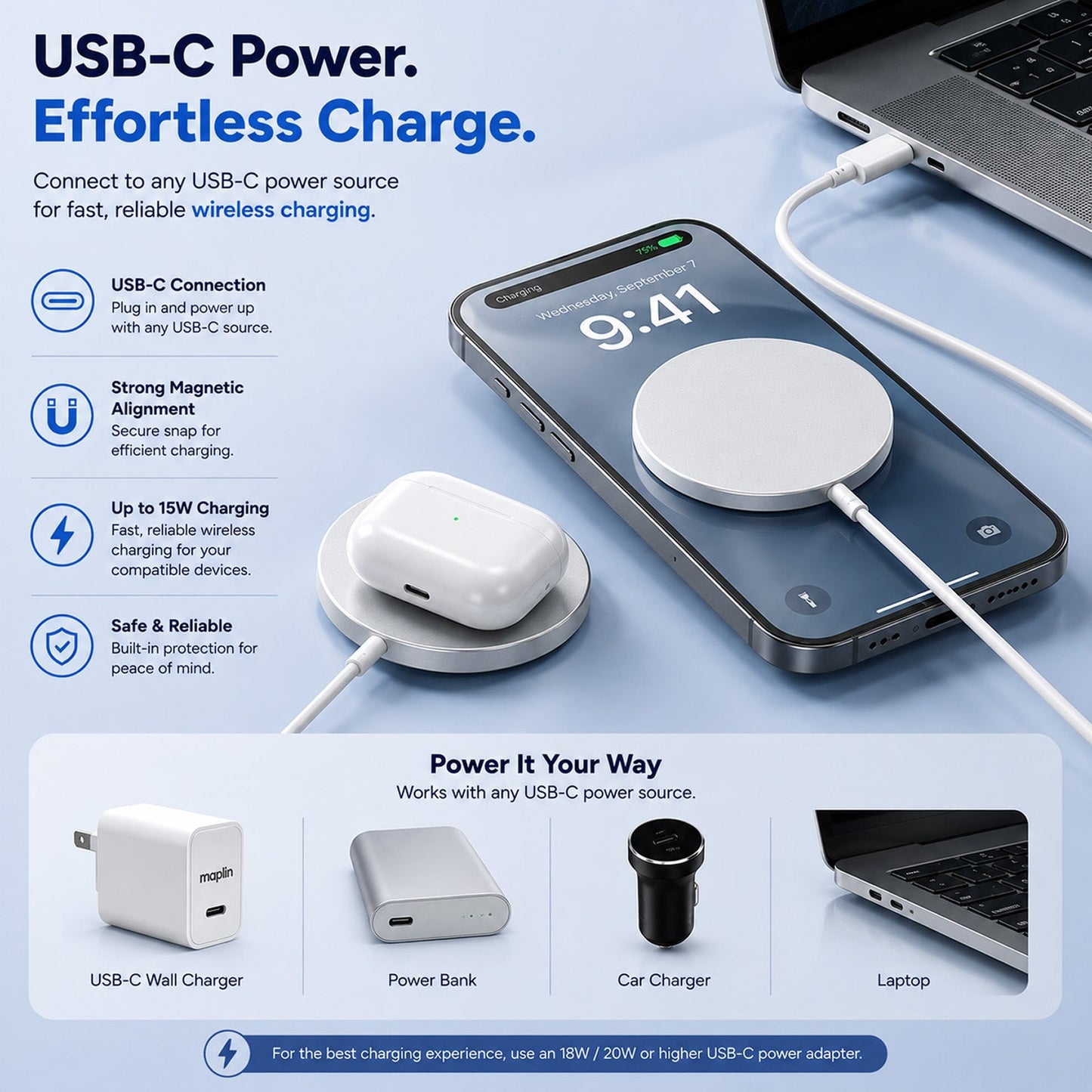 Maplin Magnetic USB-C 15W Wireless Charger