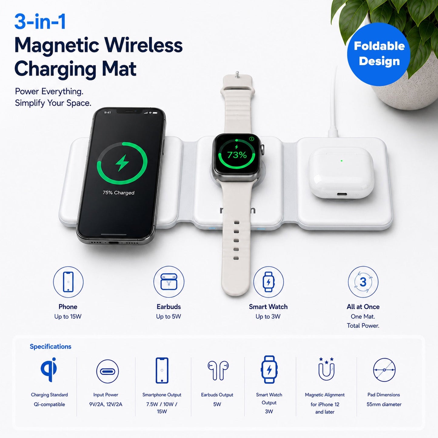 Maplin 3-in-1 Magnetic Wireless Charging Mat for Phone / Earbuds / Watch