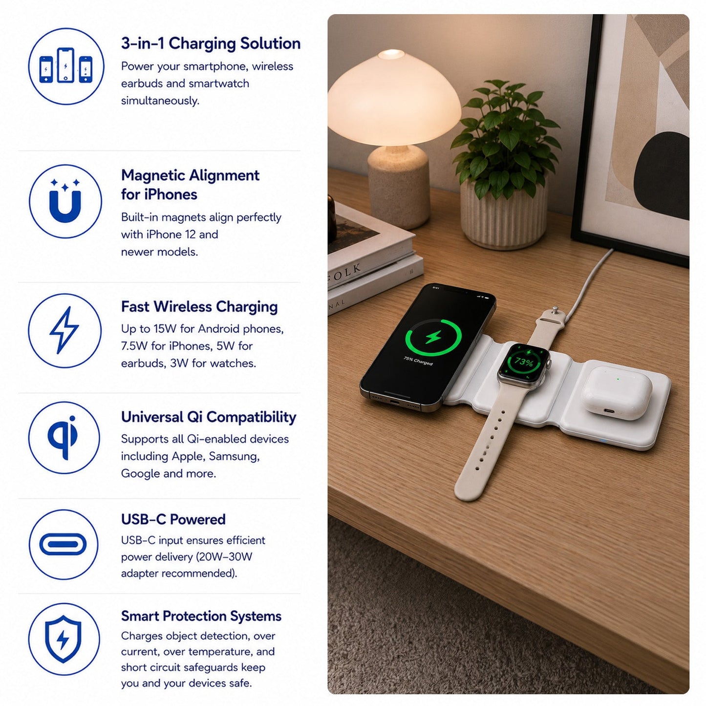 Maplin 3-in-1 Magnetic Wireless Charging Mat for Phone / Earbuds / Watch