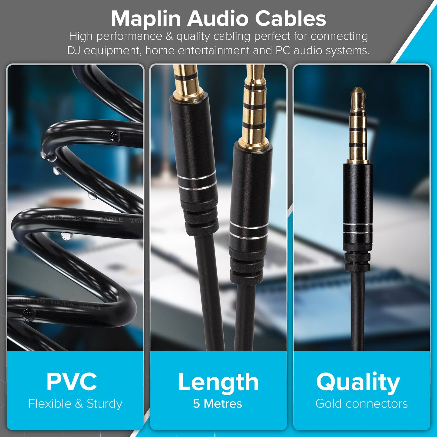 Maplin 3.5mm Aux Stereo 4 Pole TRRS Jack Plug to 3.5mm 4 Pole TRRS Jack Plug Cable - Black, 5m