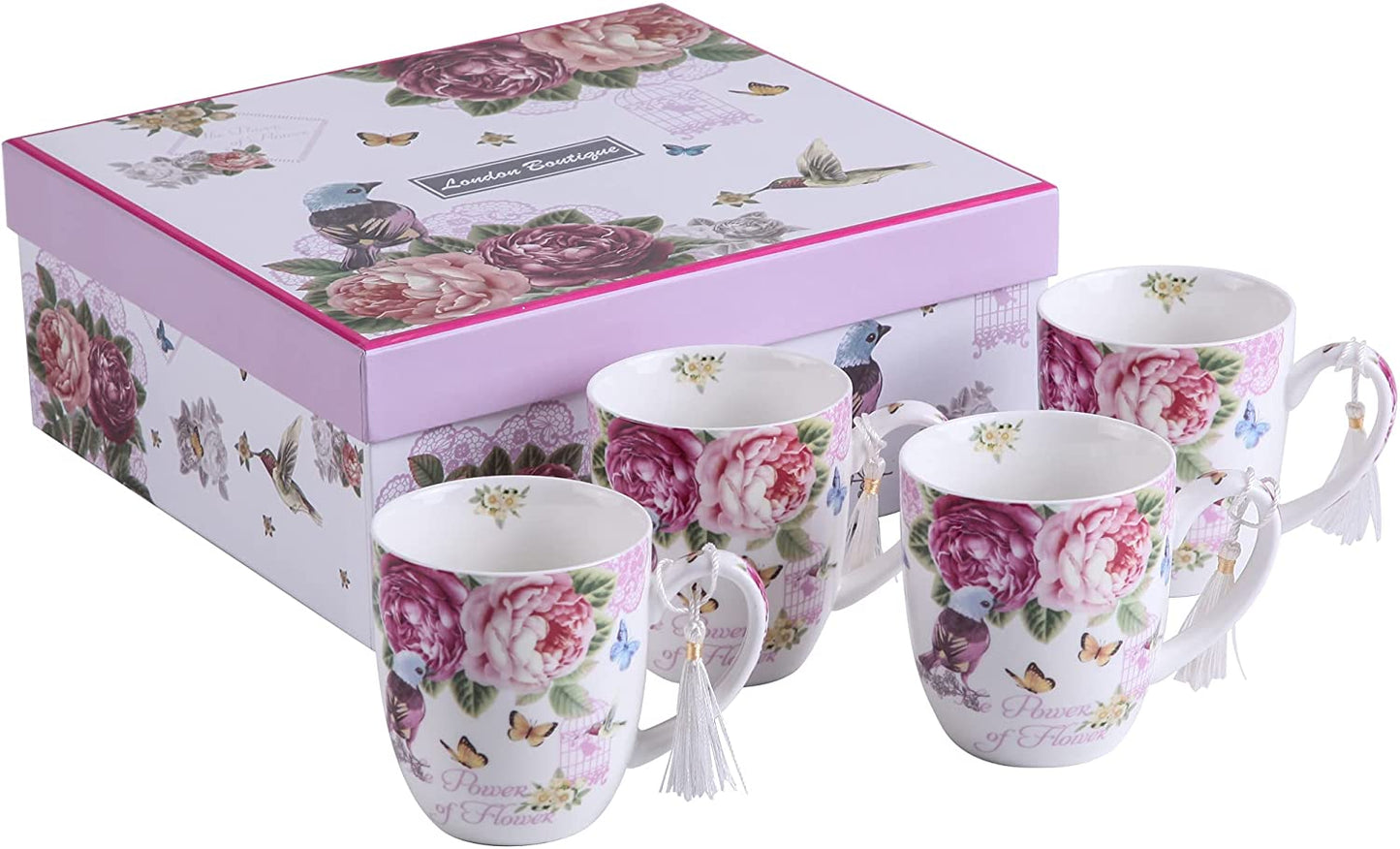 Cups Mugs Set 4 Fine China Shabby Chic Vintage Retro Design in Gift Box 330ML (Bird Rose Butterfly)