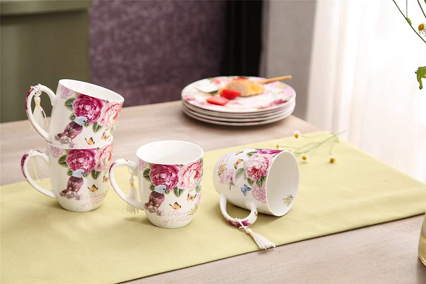 Cups Mugs Set 4 Fine China Shabby Chic Vintage Retro Design in Gift Box 330ML (Bird Rose Butterfly)