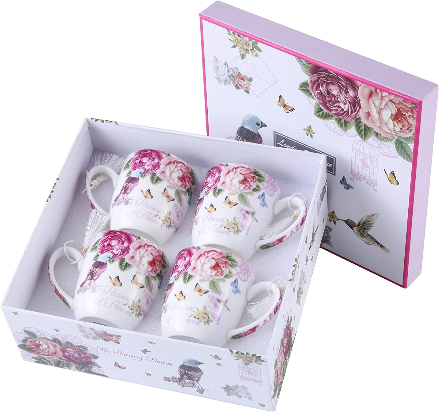 Cups Mugs Set 4 Fine China Shabby Chic Vintage Retro Design in Gift Box 330ML (Bird Rose Butterfly)