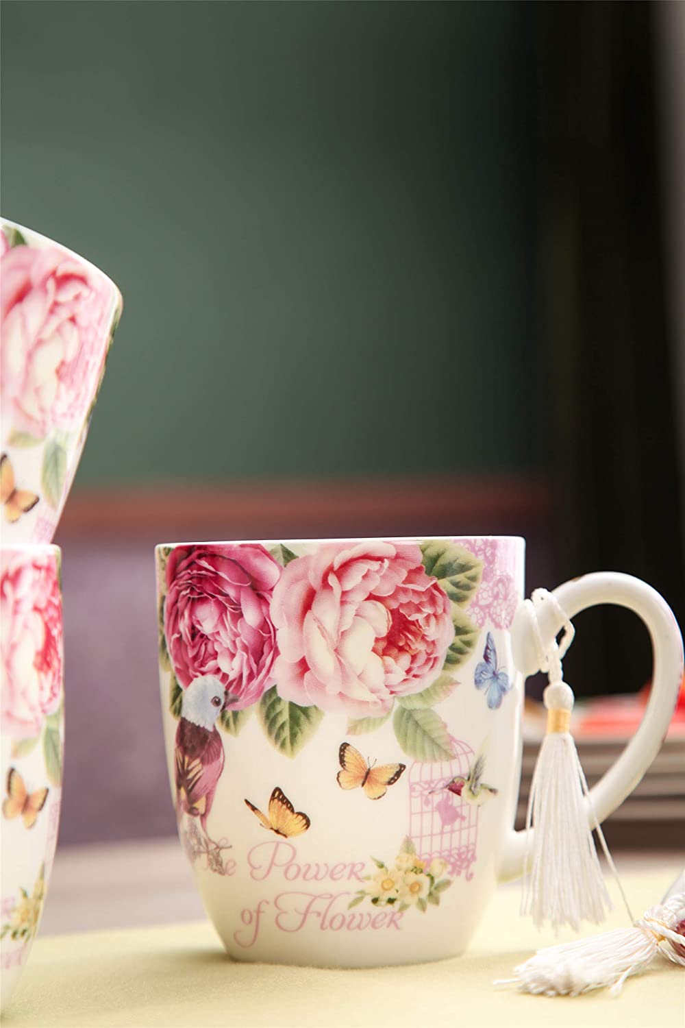 Cups Mugs Set 4 Fine China Shabby Chic Vintage Retro Design in Gift Box 330ML (Bird Rose Butterfly)