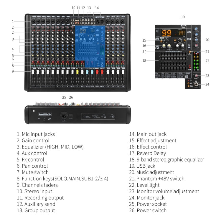 XTUGA B1404FX 14 Channels Bluetooth Audio Mixer Digital DJ Controller Sound Mixing Console (US Plug)