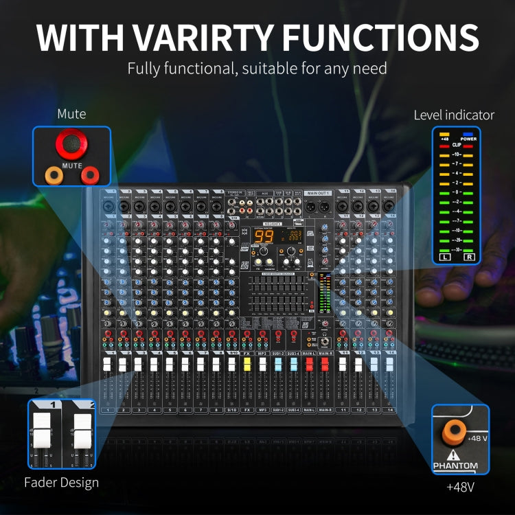 XTUGA B1404FX 14 Channels Bluetooth Audio Mixer Digital DJ Controller Sound Mixing Console (UK Plug)
