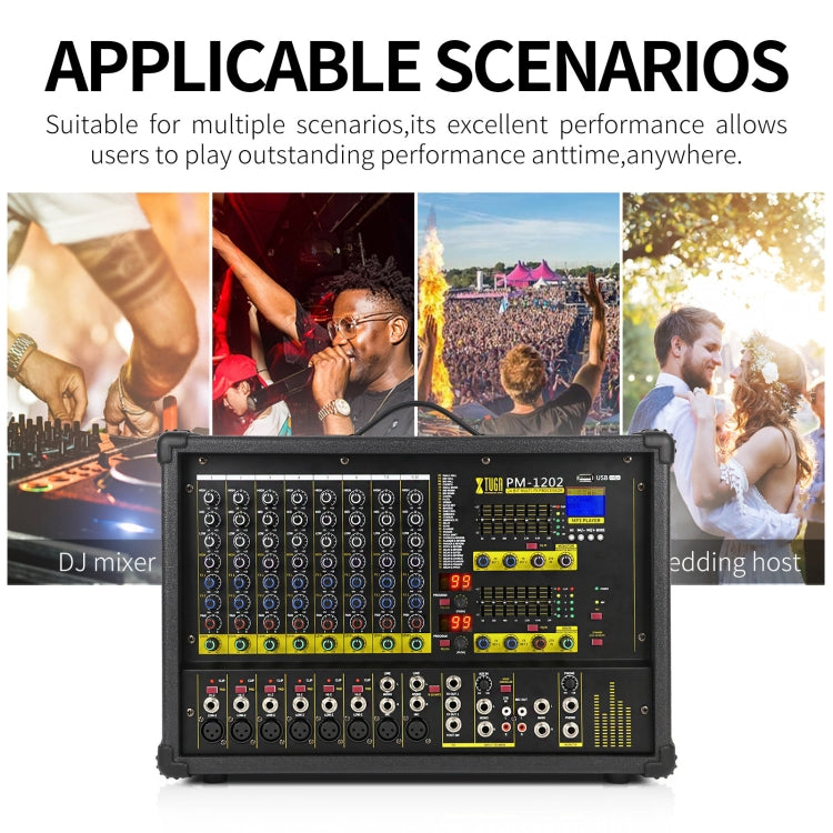 XTUGA PM1202 900W 10 Channel Stage Power Mixer 24Bit Multil-FX Processor Dual 99 DSP Effect DJ Amplifier (EU Plug)