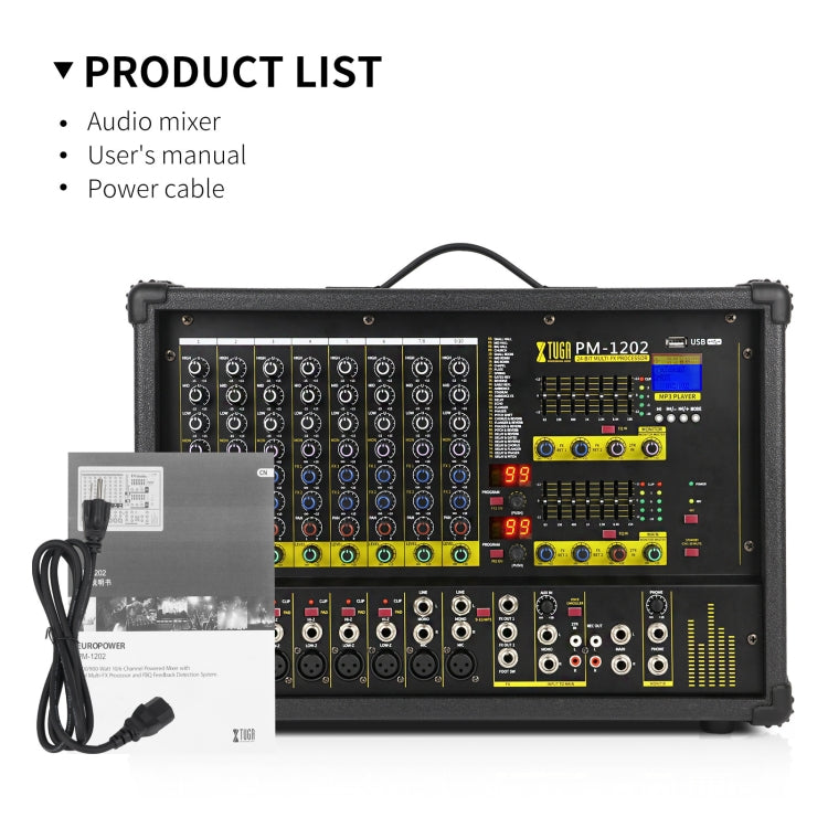 XTUGA PM1202 900W 10 Channel Stage Power Mixer 24Bit Multil-FX Processor Dual 99 DSP Effect DJ Amplifier (US Plug)