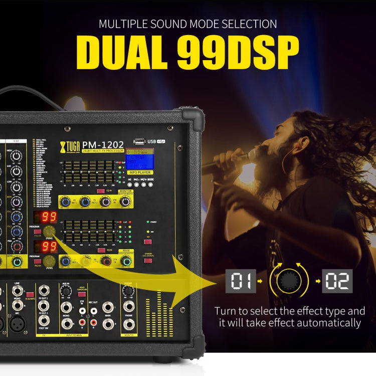 XTUGA PM1202 900W 10 Channel Stage Power Mixer 24Bit Multil-FX Processor Dual 99 DSP Effect DJ Amplifier (US Plug)