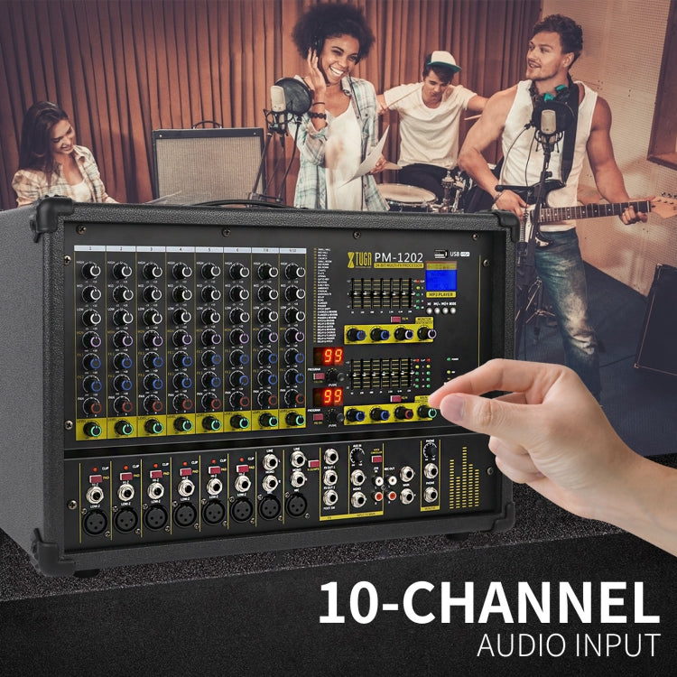XTUGA PM1202 900W 10 Channel Stage Power Mixer 24Bit Multil-FX Processor Dual 99 DSP Effect DJ Amplifier (EU Plug)