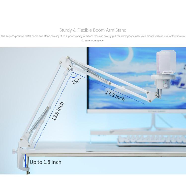 FEELWORLD VM1 USB Condenser Gaming Microphone for Streaming Noise Cancellation Mute RGB Light Boom Arm Stand, VM1-AS