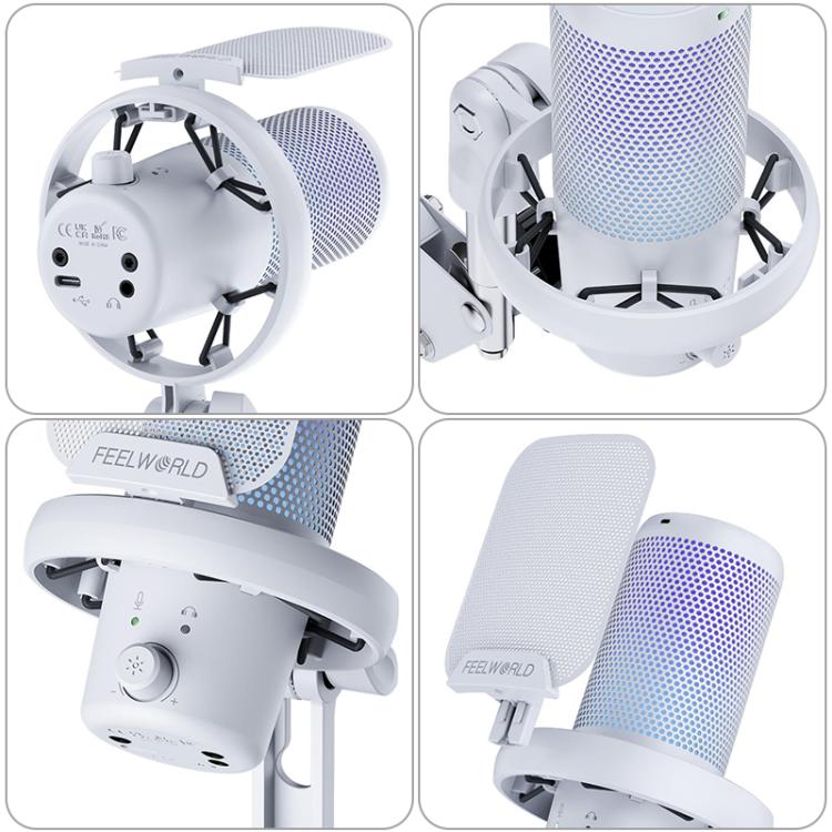 FEELWORLD VM1 USB Condenser Gaming Microphone for Streaming Noise Cancellation Mute RGB Light Boom Arm Stand, VM1-AS