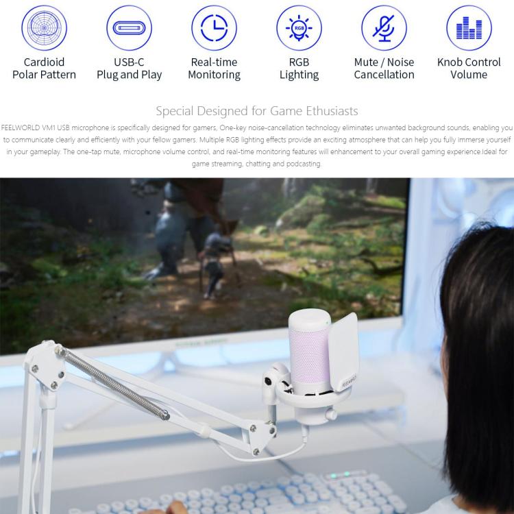 FEELWORLD VM1 USB Condenser Gaming Microphone for Streaming Noise Cancellation Mute RGB Light Boom Arm Stand, VM1-AS