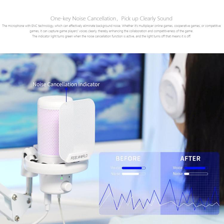 FEELWORLD VM1 USB Condenser Gaming Microphone for Streaming Noise Cancellation Mute RGB Light Boom Arm Stand, VM1-AS