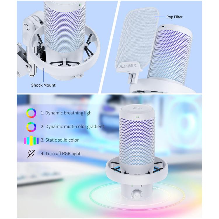 FEELWORLD VM1 USB Condenser Gaming Microphone for Streaming Noise Cancellation Mute RGB Light Boom Arm Stand, VM1-AS