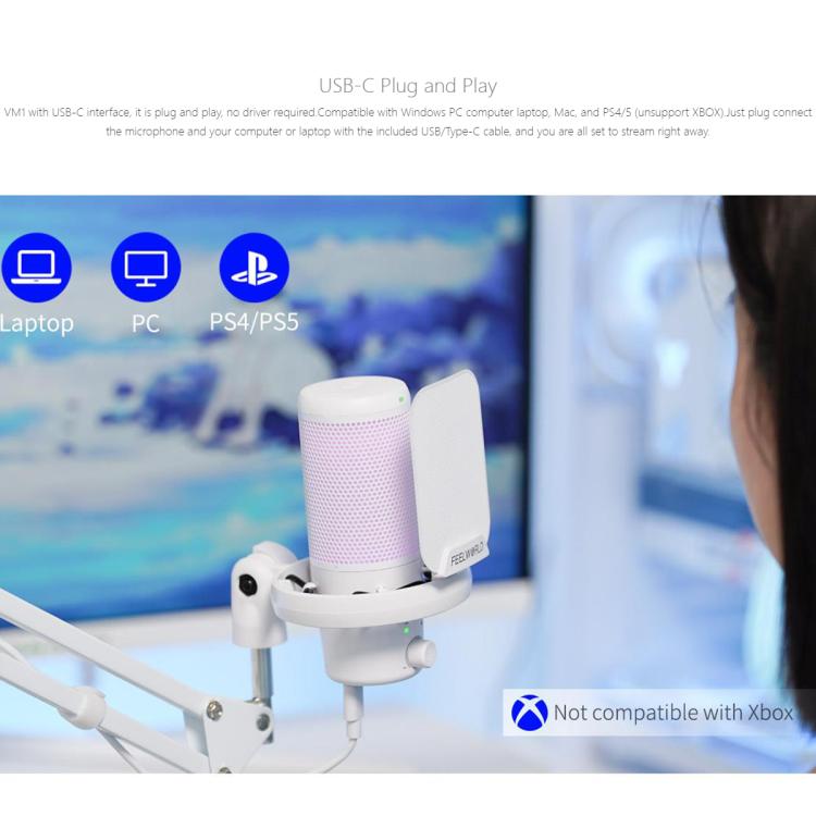 FEELWORLD VM1 USB Condenser Gaming Microphone for Streaming Noise Cancellation Mute RGB Light Boom Arm Stand, VM1-AS