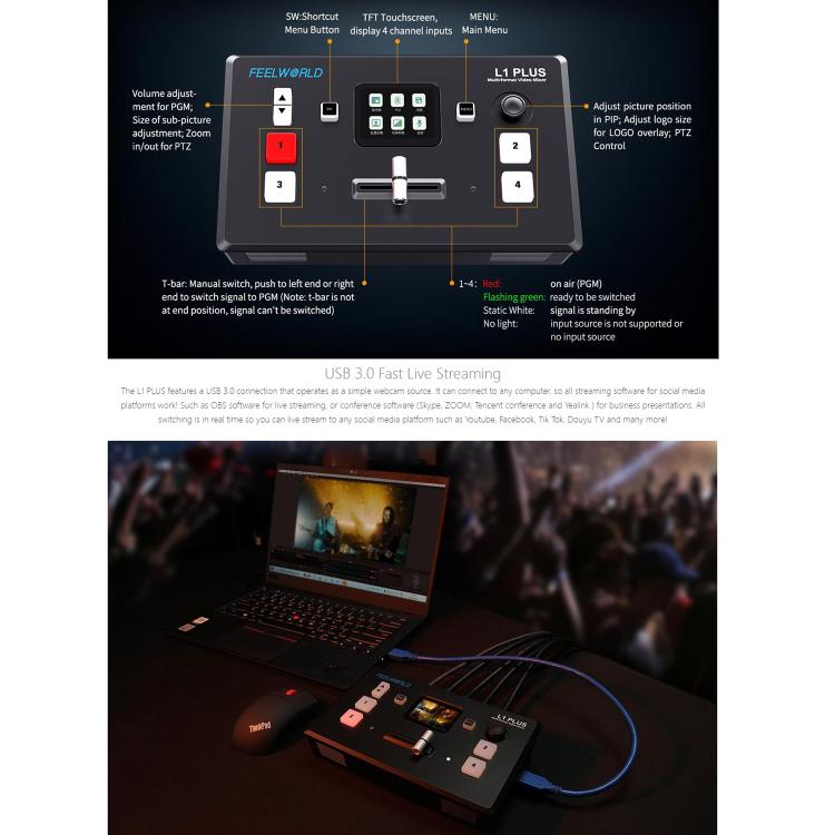 FEELWORLD L1 PLUS Multi-camera Video Mixer Switcher Touch Screen PTZ Control USB3.0 Fast Streaming Switcher (EU Plug)