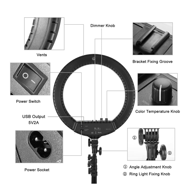 MANTOO RL-18 II 100-240V 55W 18 inch Two-color Dimmable Ring Fill Light with Tripod