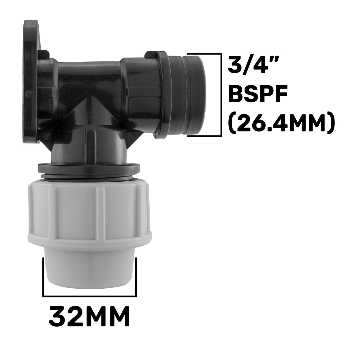 Wall Flange Kit 32mm MDPE + 32mm MDPE Valve + 19mm Brass Barb