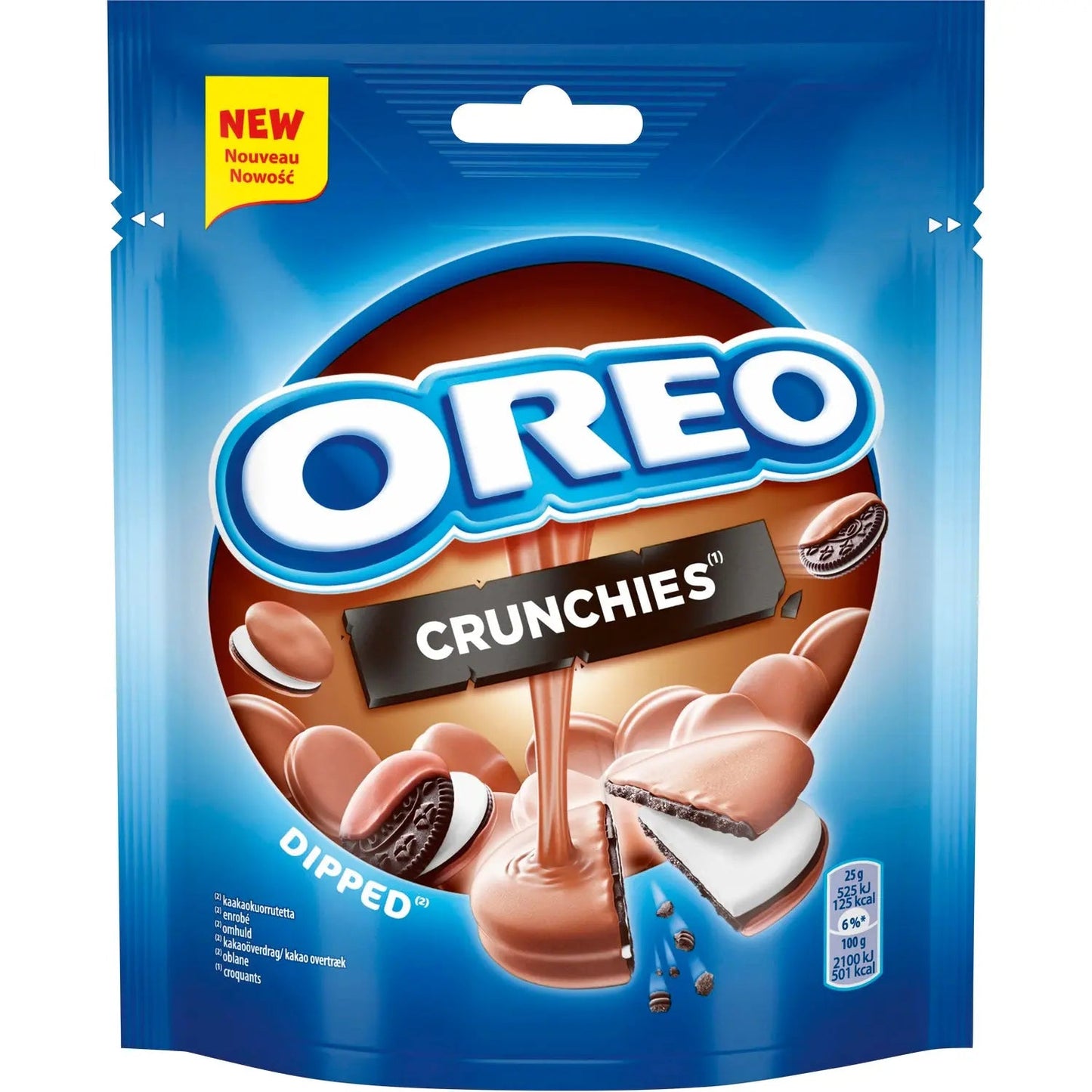 Milka Oreo Crunchies pouch of dipped milk chocolate mini biscuit pieces