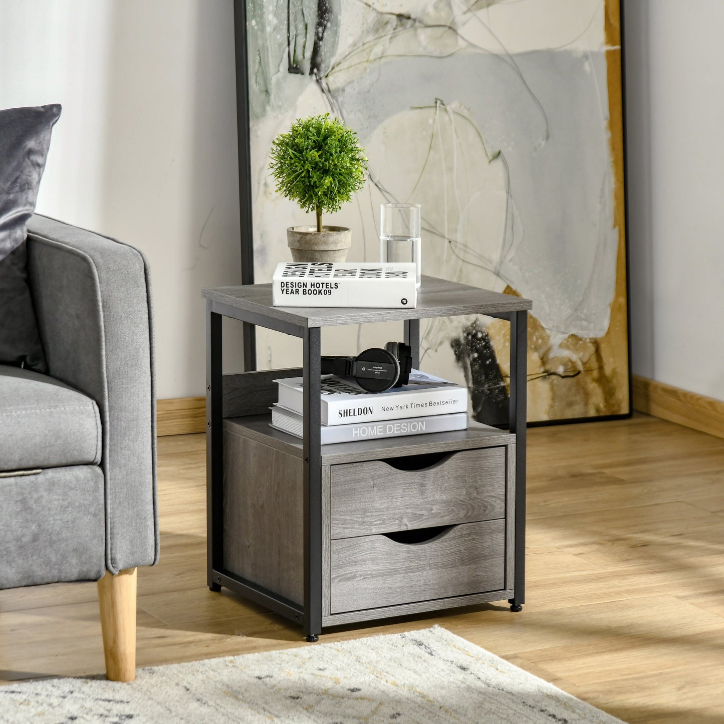 HOMCOM End Table Bedside Desk Slim Storage Cabinet with Shelf Grey
