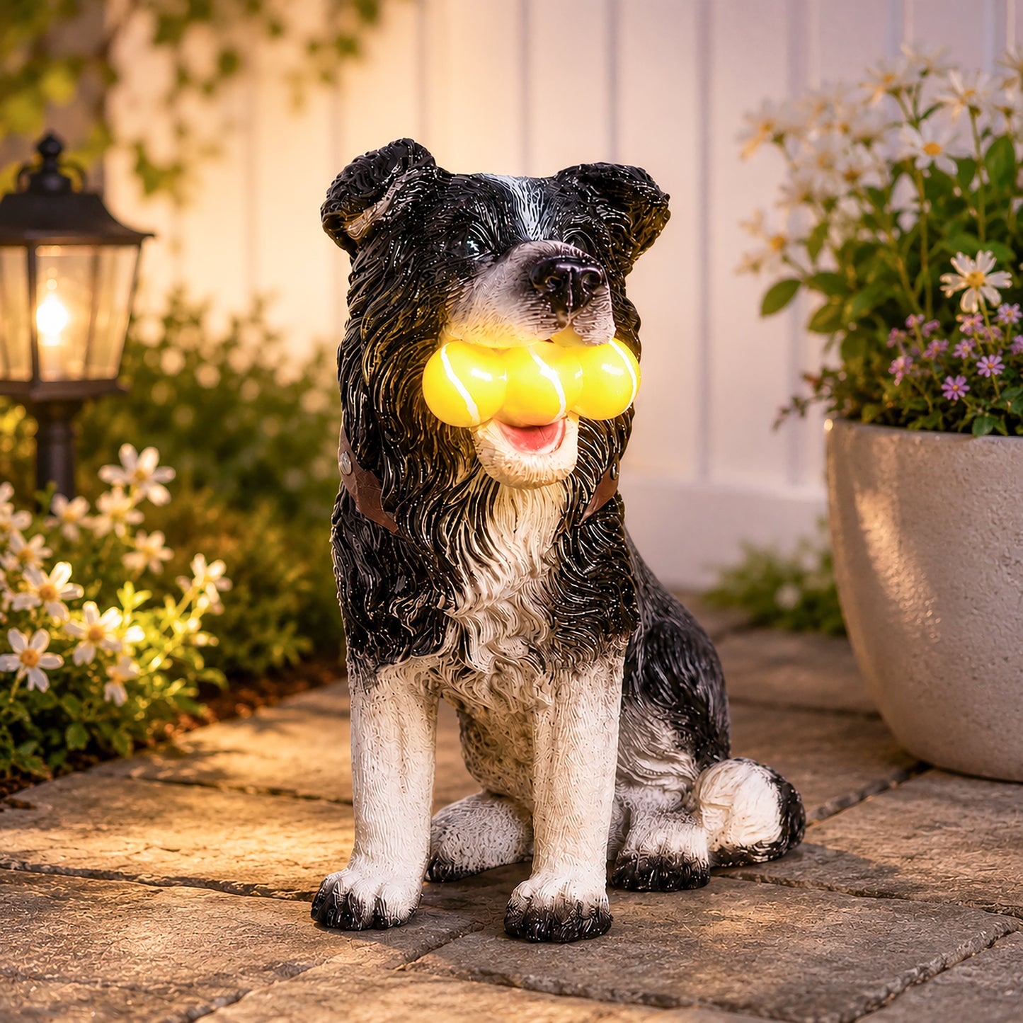 Solar Dog Garden Ornament Light Up Tennis Balls Puppy Statue