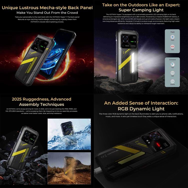 [HK Warehouse] HOTWAV Hyper 7 Rugged Phone, 8GB+256GB, 10800mAh, 6.6 inch Android 14 MediaTek Dimensity 7050 5G, Network: 5G, OTG, NFC (Punk Yellow)