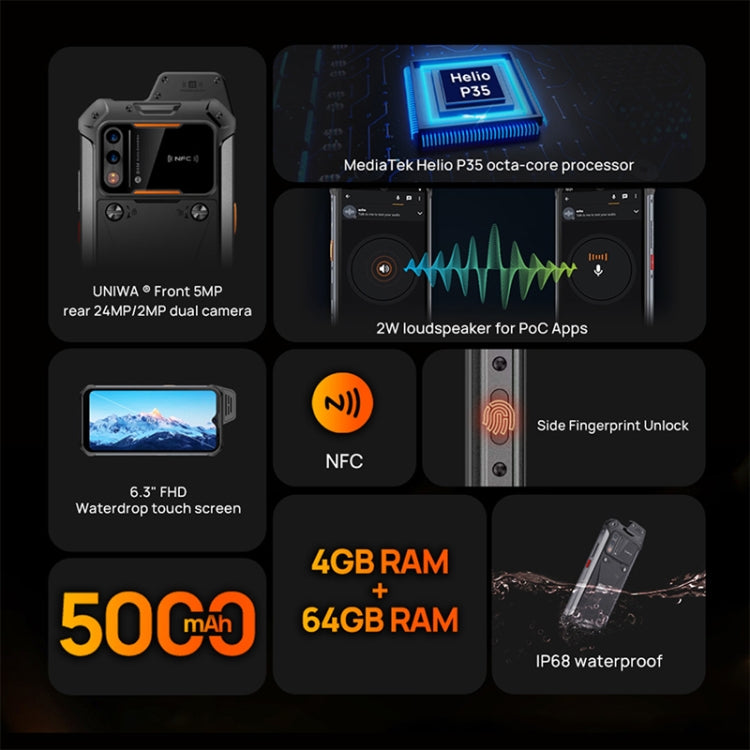 UNIWA W888 Explosion-proof Rugged Phone, 4GB+64GB, IP68 Waterproof Dustproof Shockproof, 5000mAh Battery, 6.3 inch Android 11 MTK6765 Helio P35 Octa Core up to 2.35GHz, Network: 4G, NFC, OTG(Black)