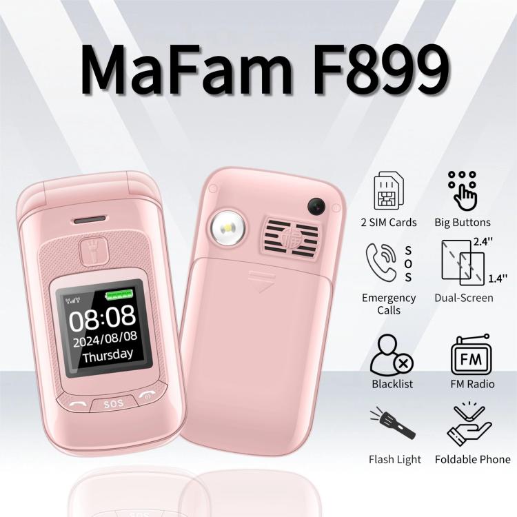 Mafam F899 Flip Phone, 2.4 inch, 32MB+32MB, Support FM, SOS, GSM, Family Number, Big Keys, Dual SIM, EU Plug, EU Plug