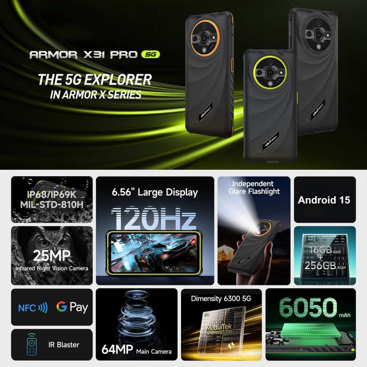 [HK Warehouse] Ulefone Armor X31 Pro 5G, 8GB+256GB, Night Vision, IP68/IP69K Rugged Phone, 6.56 inch Android 15 MediaTek Dimensity 6300 Octa Core, Network: 5G, NFC, OTG (Green)