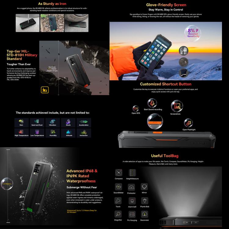 [HK Warehouse] Blackview BV4800 SE Rugged Phone, 4GB+64GB, 6.56 inch Android 15 UMS9320E T615 Octa Core, Network: 4G, OTG, NFC (Orange)