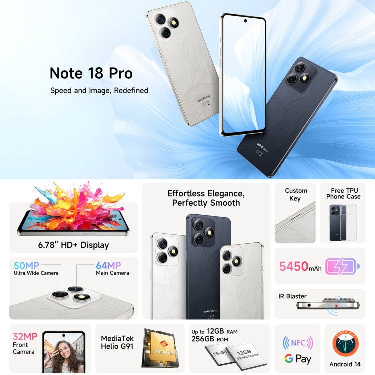 [HK Warehouse] Ulefone Note 18 Pro, 6GB+256GB, Face ID & Side Fingerprint, 6.78 inch Android 14 MediaTek Helio G91 MTK6769 Octa Core, Network: 4G, Dual SIM, OTG, NFC (Moonlit White)