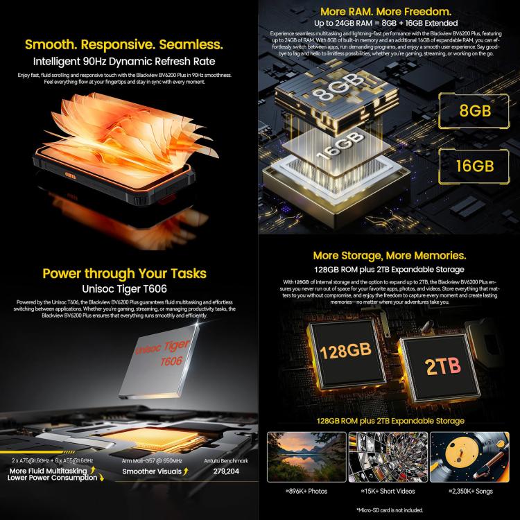 [HK Warehouse] Blackview BV6200 Plus, 8GB+128GB, IP68/IP69K/MIL-STD-810H, 6.56 inch Android 14 Unisoc UMS9230 T606 Octa Core, Network: 4G, OTG, NFC (Black)