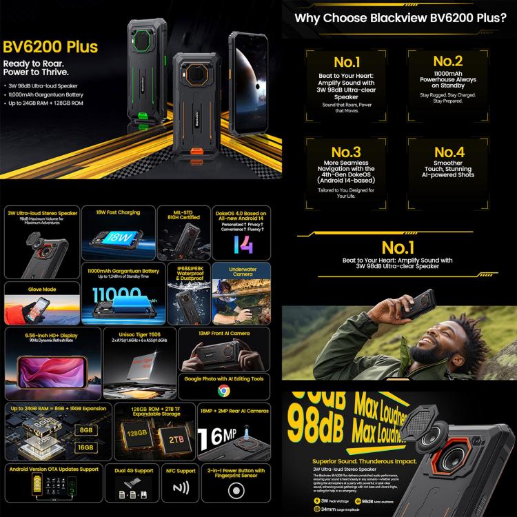 [HK Warehouse] Blackview BV6200 Plus, 8GB+128GB, IP68/IP69K/MIL-STD-810H, 6.56 inch Android 14 Unisoc UMS9230 T606 Octa Core, Network: 4G, OTG, NFC  (Orange)