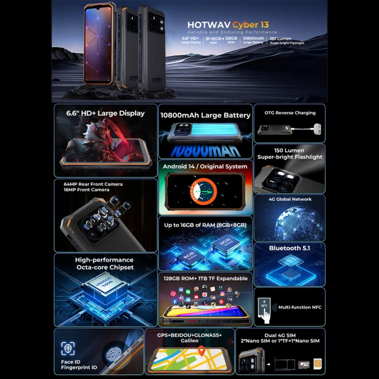 [HK Warehouse] HOTWAV CYBER 13, IP68/IP69K Rugged Phone, 8GB+128GB, 10800mAh, 6.6 inch Android 14.0 Unisoc T606 Octa Core, Network: 4G, NFC, OTG (Orange)