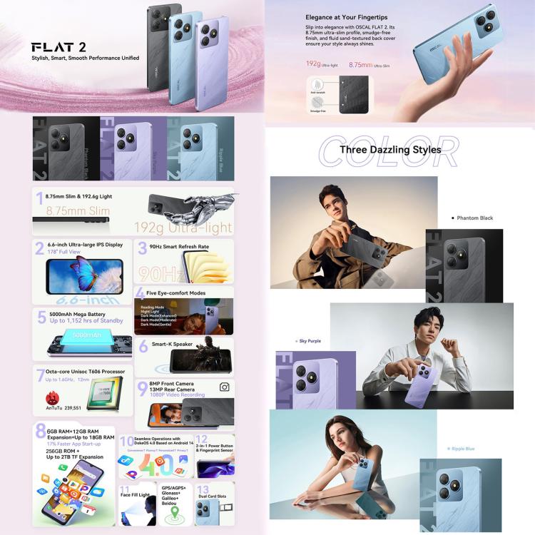 [HK Warehouse] Blackview Oscal FLAT 2, 6GB+256GB, 6.6 inch Doke OS 4.0 Android 14 Unisoc T606 Octa Core, Network: 4G (Phantom Black)