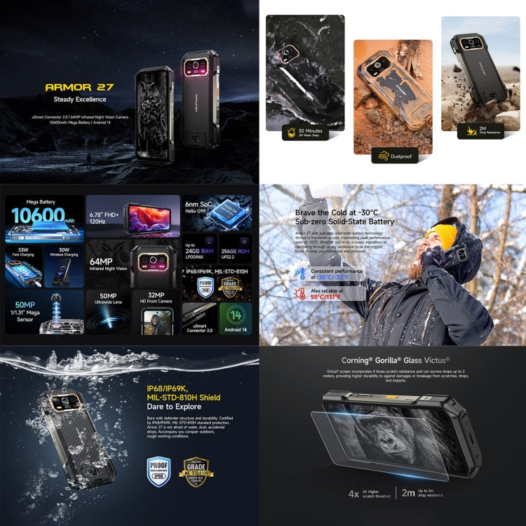[HK Warehouse] Ulefone Armor 27 Rugged Phone, 12GB+256GB, Night Vision, 10600mAh, 6.78 inch Android 14 MediaTek Helio G99 Octa Core, Network: 4G, NFC, OTG (Black)