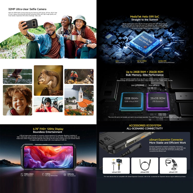 [HK Warehouse] Ulefone Armor 27 Rugged Phone, 12GB+256GB, Night Vision, 10600mAh, 6.78 inch Android 14 MediaTek Helio G99 Octa Core, Network: 4G, NFC, OTG (Black)