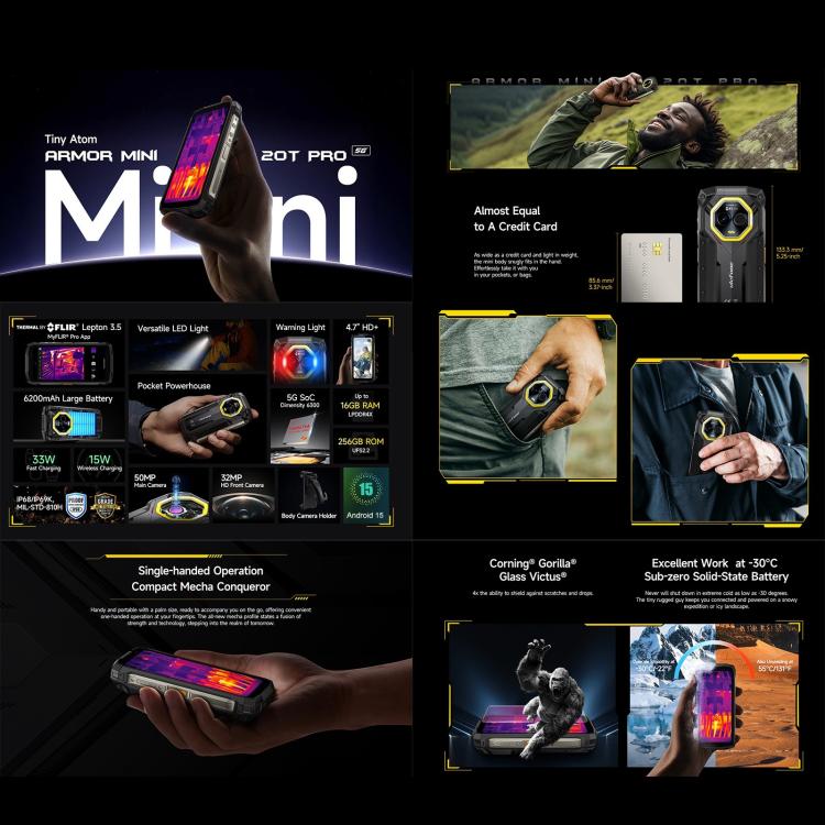 [HK Warehouse] Ulefone Armor Mini 20T Pro, Thermal Imaging, 8GB+256GB, IP68/IP69K Rugged Phone, 4.7 inch Android 15 MediaTek Dimensity 6300 5G Octa Core, Network: 5G, NFC, OTG (Mecha Black)