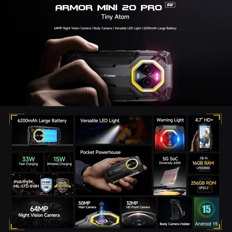 [HK Warehouse] Ulefone Armor Mini 20 Pro, 8GB+256GB, IP68/IP69K Rugged Phone, 4.7 inch Android 15 MediaTek Dimensity 6300 5G Octa Core, Network: 5G, NFC, OTG (Mecha Black)