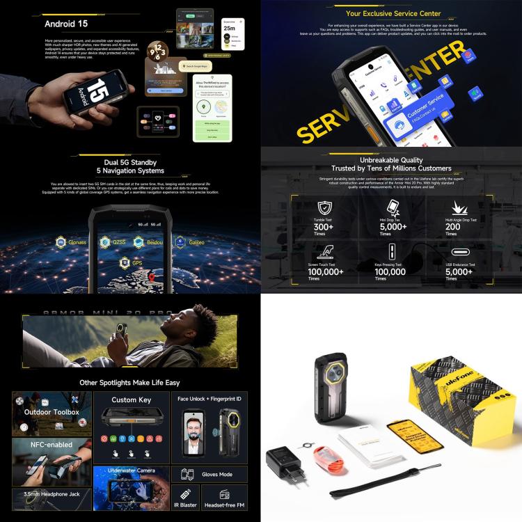 [HK Warehouse] Ulefone Armor Mini 20 Pro, 8GB+256GB, IP68/IP69K Rugged Phone, 4.7 inch Android 15 MediaTek Dimensity 6300 5G Octa Core, Network: 5G, NFC, OTG (Mecha Black)