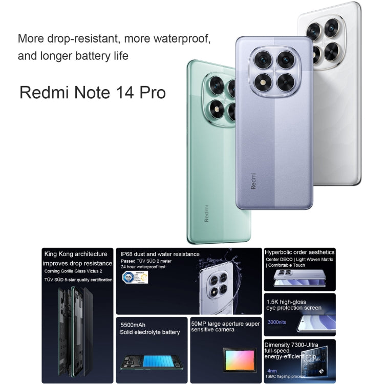 Xiaomi Redmi Note 14 Pro, 8GB+128GB, 6.67 inch Xiaomi HyperOS Mediatek Dimensity 7300-Ultra Octa Core, NFC, Network: 5G (Purple)