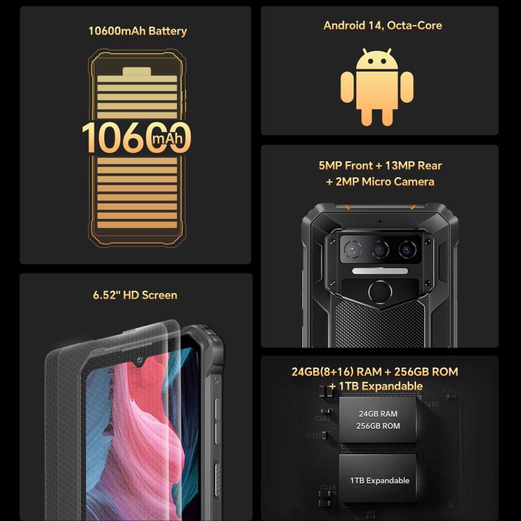 [HK Warehouse] Oukitel WP23 Plus Rugged Phone, 8GB+256GB, 6.52 inch Android 14.0Unisoc T606 Octa-core, NFC, OTG, Network: 4G (Black)