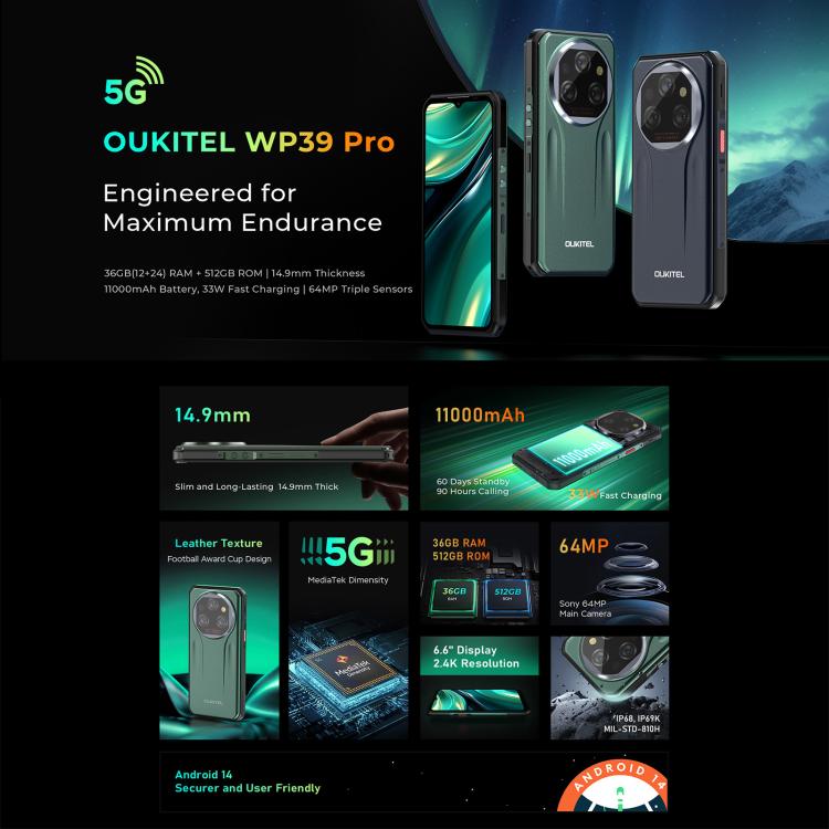 [HK Warehouse] Oukitel WP39 Pro 5G Rugged Phone, 12GB+512GB, Night Vision, Fingerprint Identification, 6.6 inch Android 14 MediaTek Dimensity 6300 Octa Core, NFC, OTG, Network: 5G (Green)