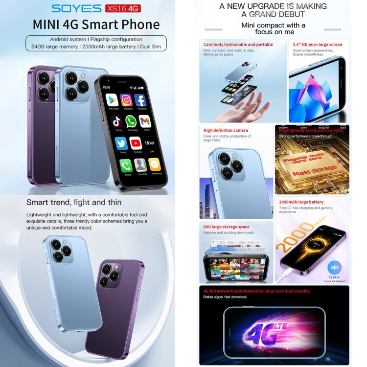SOYES XS16, 3GB+64GB, 3.0 inch Android 10.0 MTK6737 Quad Core, Bluetooth, WiFi, Network: 4G, Dual SIM, Support Google Play Store (Purple)